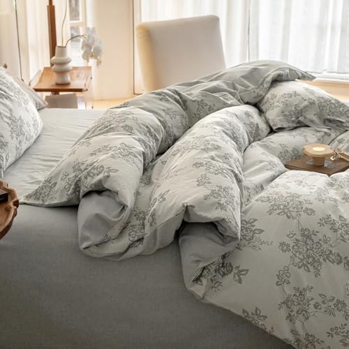 VM VOUGEMARKET Jacquard Floral Duvet Cover Queen Gray Bedding Set, Linen Cotton Yarn-Dyed Comforter Cover 90"x90" with 2 Pillowcases,Soft Breathable,Gray