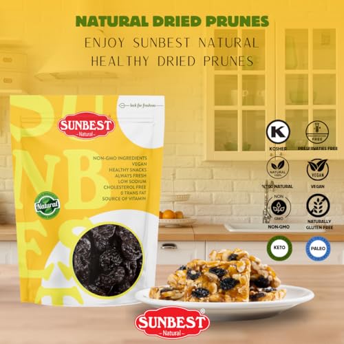 Sunbest Natural Jumbo Pitted Prunes 48Oz (3LB) 1 Pack - Tender, Succulent, Nutrient, Rich Snack - Fiber & Antioxidants Source - Kosher Certified - Ideal for Snacking & Cooking - Long Lasting Freshness
