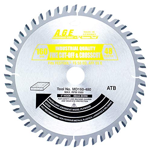 A.G.E. MD160-480 for Track Saw Machines, 160mm Dia x 48T TCG, 5 Deg, 20mm Bore, Crosscut Circular Saw Blade