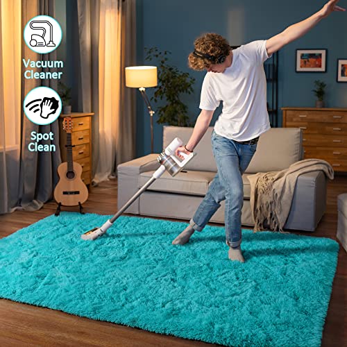 HOMORE Luxury Fluffy Area Rug Modern Shag Rugs for Bedroom Living Room, Super Soft and Comfy Carpet, Cute Carpets for Kids Nursery Girls Home, 4x6 Feet Turquoise Blue
