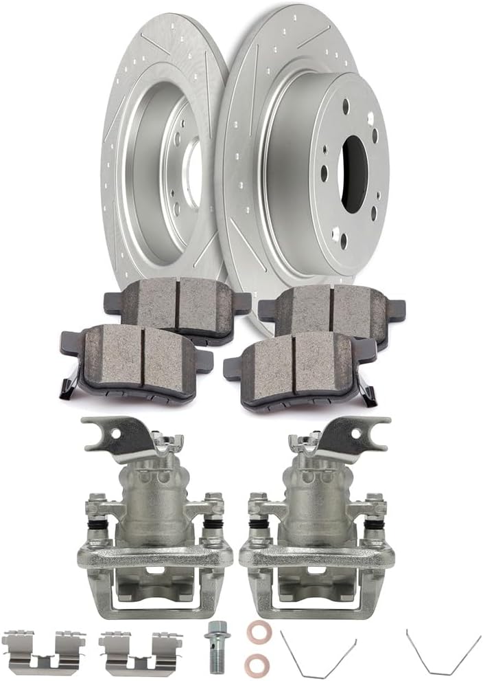 Ineedup Rear Left & Right Disc Brake Kit - 11.1"" Drilled & Slotted Brake Rotors and Calipers with Bracket and Ceramic Pads For Acura TSX 2009-2014 For Honda For Accord 2008-2012 (8PCS)