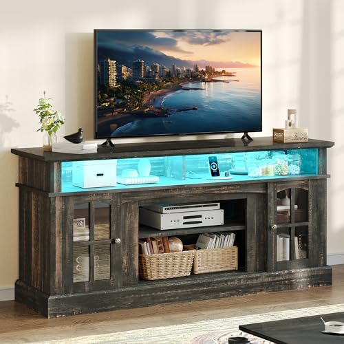 DWVO Farmhouse TV Stand for 65 Inch Television w/Outlets, LED Modern Entertainment Center with Glass Doors and Adjustable Storage Shelves, Media Console TV Cabinet for Living Room, Dark Rustic Oak