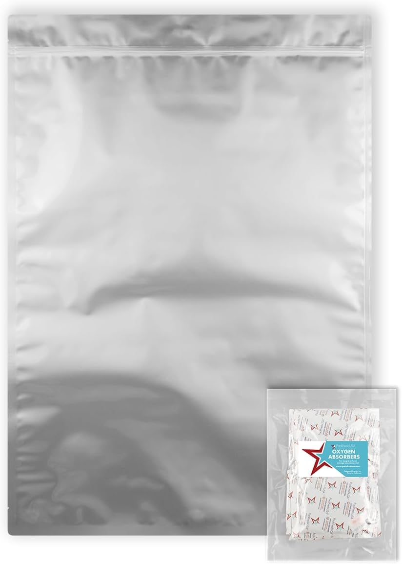PackFreshUSA: 10 Pack - 7 Mil - Five Gallon Heavy Duty Seal-Top Mylar Bags - 2000cc (Individually Sealed) + 500cc Oxygen Absorbers - Rounded Corners - Long-Term Food Storage