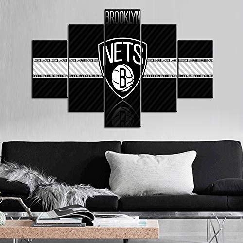 Super Brands Basketball Wall Art for Living Room Native American Decor Logo of The Brooklyn Nets Paintings NBA Sports Pictures 5 Panel Canvas Home Decor,Modern Artwork Framed Stretched Ready to Hang - 60''Wx40''H