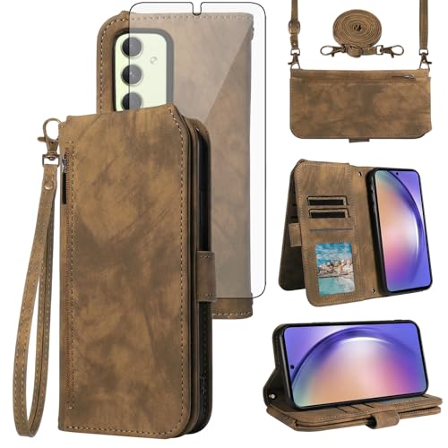 Protégez votre Samsung A54 5G des chutes avec cet étui zippé tout-en-un marron