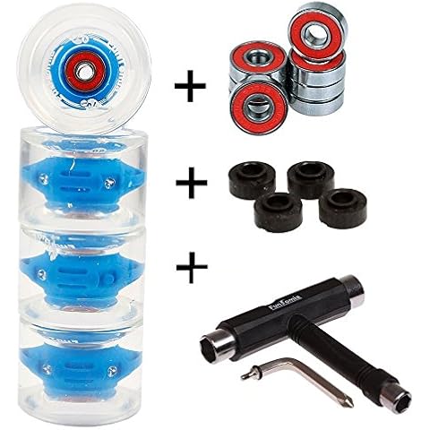 FunTomia 4 Stück (LED) Longboard/Skateboard Rollen (Big Wheels) in 70x51mm 80A inkl. Mach1® Kugellager und Metall Spacer 80A Rollenhärte + T-Tool Cover