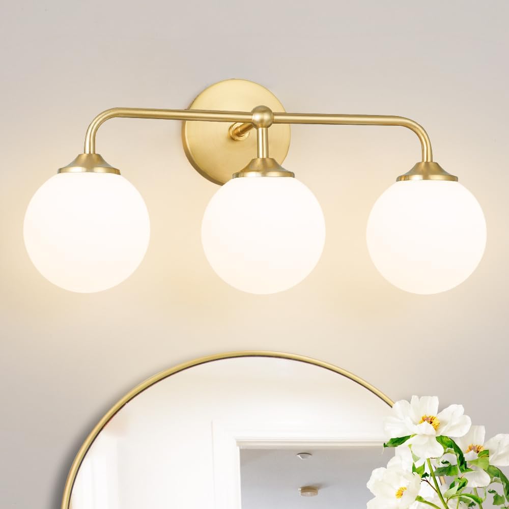 Modern Brushed Gold 3-Lights Vanity Light Fixtures with Milky White Glass Ball Shades, Mid Century Brass Wall Sconce Lighting Fixtures over Mirror, Wall Sconces for Bathroom Dressing Table Bedroom 3 light Gold