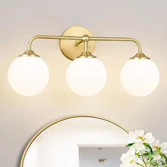 Modern Brushed Gold 3-Light Vanity Light Fixtures with Milky White Glass Shades