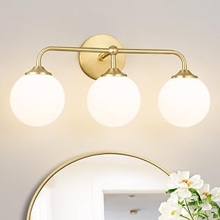 Modern Brushed Gold 3-Lights Vanity Light Fixtures with Milky White Glas...