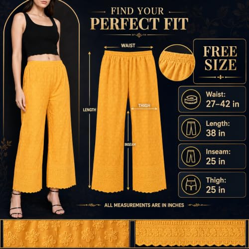 Image of Vastraa Fusion Straight Regular Fit Stylish Solid Cotton Chikan Palazzo or Bottoms for Women's and Girls Free Size 28 inch to 44 inch