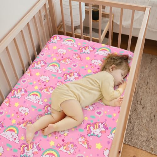 Image of JISEN Baby Fitted Crib Sheets for Boys Girls 52x28 Inch Pink Unicorns