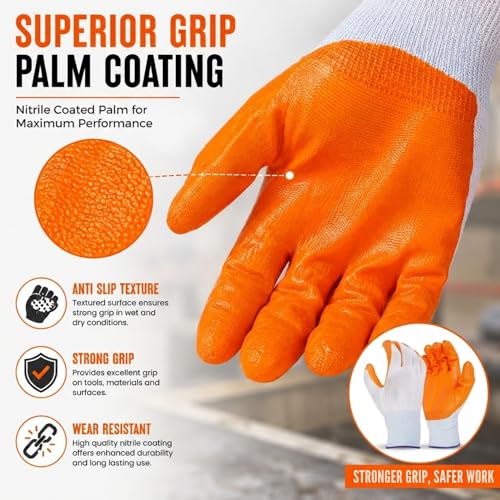 Image of Multipurpose Nylon Anti Cut PU Nitrile Coating Work Safety Gloves, Hand & Fingers, Gardening, Mechanical, Construction, Agriculture & Automotive - Durable & Comfortable (ORNAGEWHITE-5PAIR)