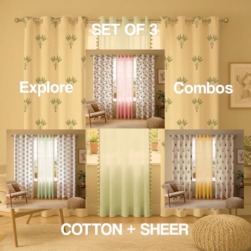 Image of Urban Space Printed 100% Cotton Curtain for Window, Cotton & Sheer Combo Set of 3 Curtains 5 Feet Long, Tieback & Eyelets Included with Curtains for Room Darkening (Palm Lagoon Green & Mint pom pom)