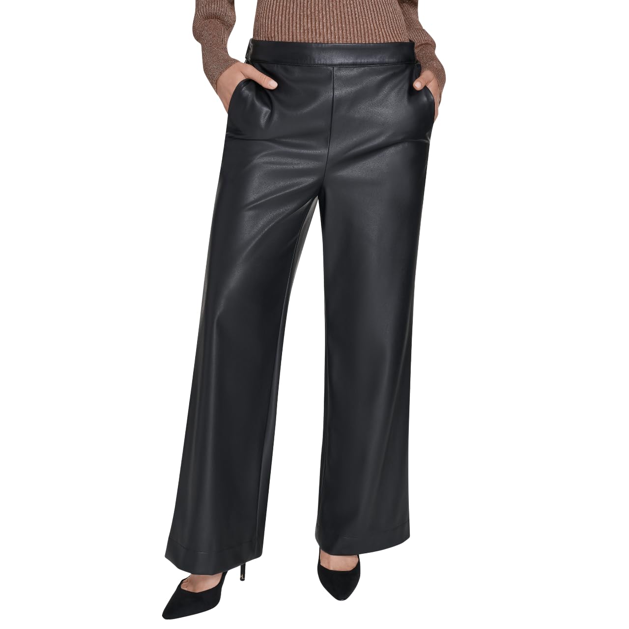 Halston Womens Vegan Leather Wide Leg Trouser Pants with Pockets