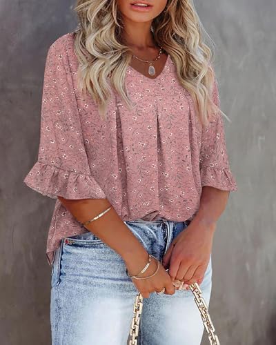 Amrto Plus Size Tops for Women Chiffon Ruffle 3/4 Sleeve Tunic Chiffon Blouses V Neck Casual Shirts XL-5XL4