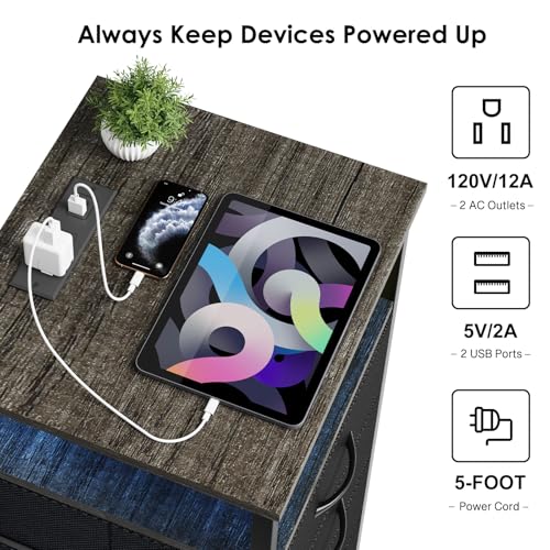 Image of Fixwal Night Stand with Charging Station, LED Nightstand with U-S-B Ports and Outlets, 3 Fabric Storage Drawers with PU Finish, Bed Side Table, Charcoal Gray