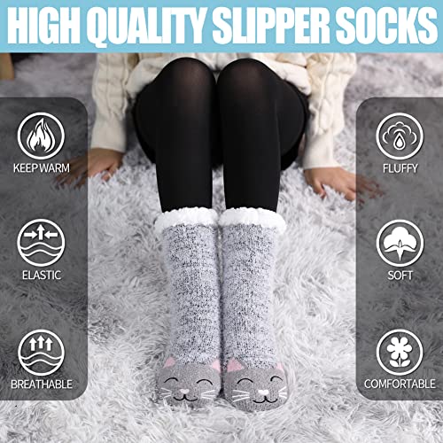 Mqelong SUVELAM Womens Super Soft Cute Cartoon Animal Fuzzy Cozy Non-Slip Winter Slipper Socks (Gray Cat) One Size thumb #4