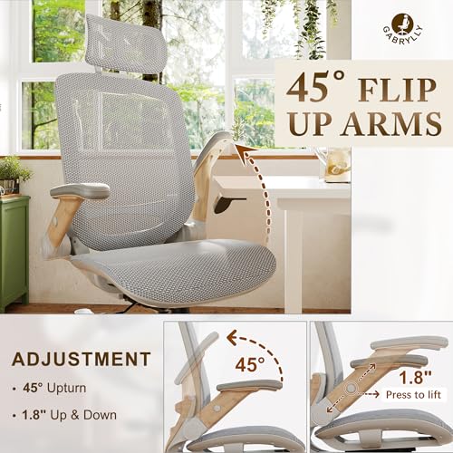 Image of GABRYLLY Ergonomic Office Chair, High Back Home Desk Chair with Flip-Up Arms, Headrest, 90-120 Tilt and Wide Cushion, 300LBS White Mesh Chair for Work Gaming Study (GY01-NT, Woodgrain Pattern)