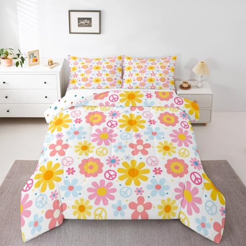 Image of Groovy Flower Bedding Set for Kids Boys Girls Retro Floral Boho Comforter Set Toddler Size Psychedelic Floral Duvet Quilt Bedroom Decor Breathable Soft Lightweight Microfiber Nature Theme 2Pcs