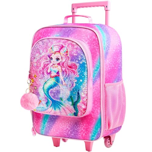 UFNDC Girls Mermaid Luggage, Rolling Suitcase with Wheels, Travel Carry on for Children Toddler Elementary