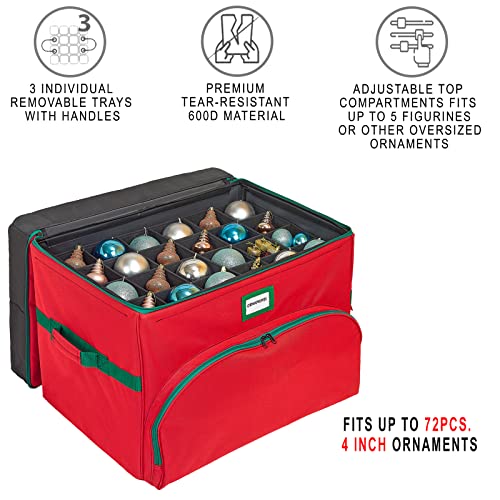 Deluxe Christmas Ornament Storage Box - Holds Up To 72 Ornaments 4” X 4” + Top Adjustable Compartments For Figurines, Nutcrackers, Etc. - Heavy Duty 600D/ Inside Pvc Material For Maximum Durability #TOP1