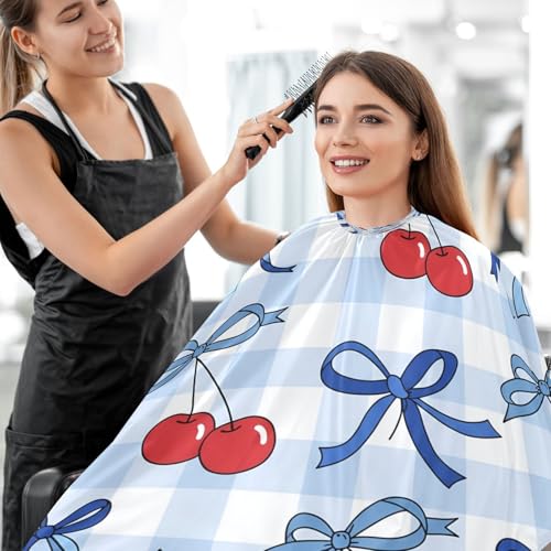 Capa para corte de cabello Bright Bows Cherry Grid impermeable profesional para barbería con cierre ajustable de botón a presión para estilismo y peluquería miniatura 7