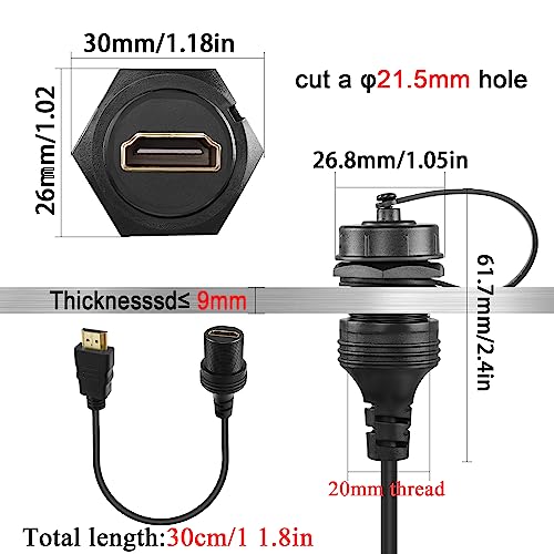 QIANRENON 4K HDMI Threaded Fixed Mount HD Display Waterproof Cable HDMI 2.0 Male to Female Car Dash Mount Extension Cord HDMI 2.0 Panel Mount Socket 4K60Hz - Image 4
