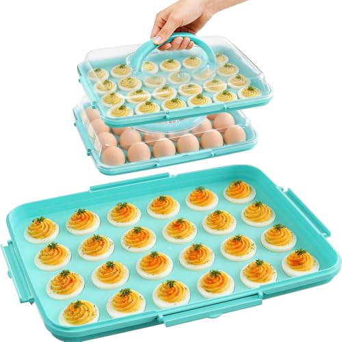 YETESON Deviled Egg Containers with Lid 2 Pack 48 Count Hidden Handle Blue