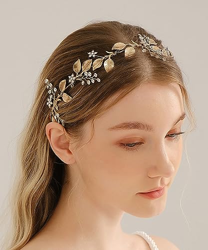Serre-tête vintage feuille d'or fait main en cristal strass élégant pour femme