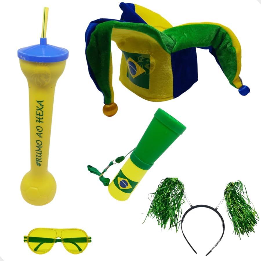 Kit Torcedor Brasil 5 Peças Copa do Mundo Copo Chapéu Óculos Tiara Acessórios para Festa e Futebol