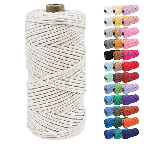 Uiopa Corde Macramé 4mm x 100m Ficelle Corde Coton Tressé Fil Macramé Naturel pour Crochet, Tentures Murales, Cintres de Plantes, Artisanat DIY Décoration
