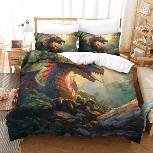 Housse de couette dragon 3D parure de lit microfibre hypoallergique 260x220cm - 3
