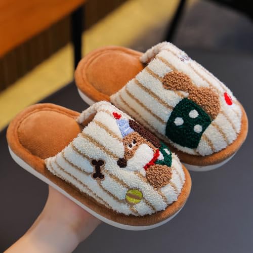 Kids Fuzzy Slippers Cute Dog Embroidery Plush Lined Indoor House Shoes - image 4