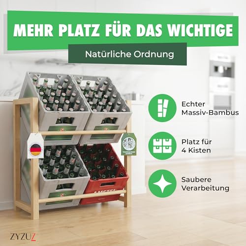 ZYZUZ Getränkekistenregal 4 Kisten – Natürliche Holz-Optik & Maximale Stabilität – Massives Kistenregal als Edles Wohn-Deko – Heavy-Duty Design - Bodenschonend & Platzsparend