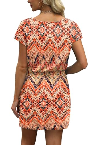 Image of OFEEFAN Summer Dresses for Women 2026 V Neck T Shirt Casual Mini Dresses Tie Waist Sundresses with Pockets