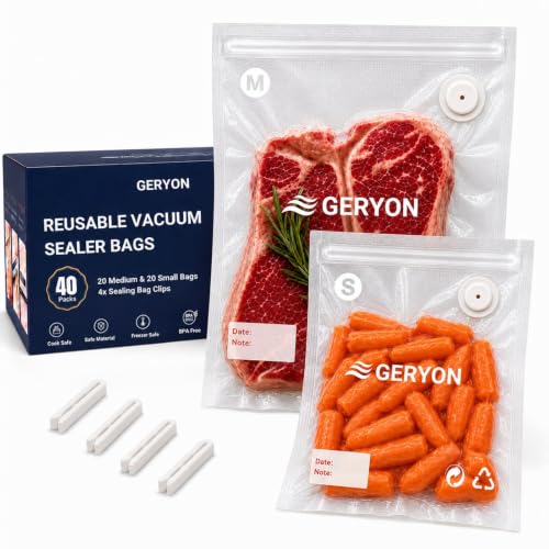 Image of GERYON Vacuum Sealer Bags for Food Reusable, 40 Pack Food Vacuum Bags, BPA-Free Vacuum Seal Bags with Air Valve, Compatible with Handheld Vacuum Sealer, Sous Vide, Freezer and Meal Prep Storage