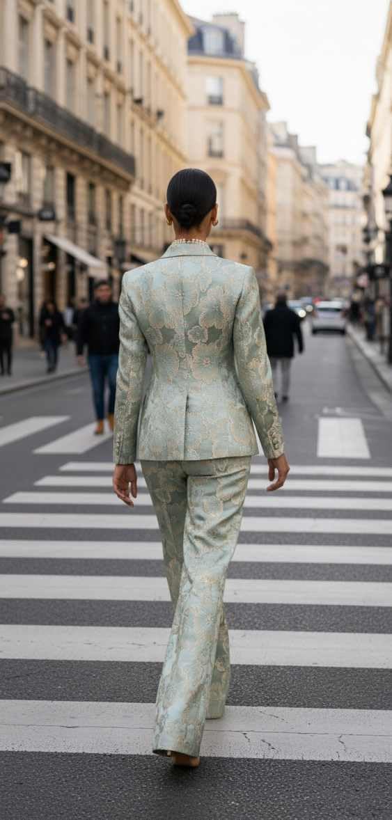 Jacquard Satin Suits for Women 2 Piece Peak Lapel Womens Suit One Button Floral Blazer Pants Business Casual Outfits
