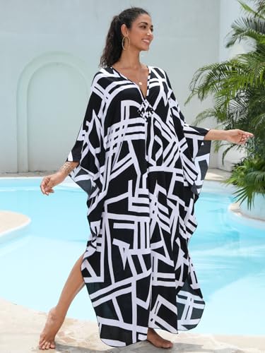 Image of IMAGEKOPE Women's Plus Size Animal Print V-Neck Batwing Kaftan Beach Dress Bathing Suit Cover-Up Loungewear
