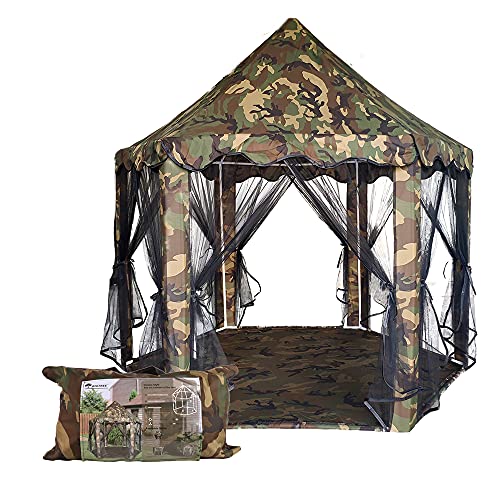 Panda Eye Outdoor Play Tent with Carry Bag for Boys and Girls,Large Size 55" x 53" Camouflage Green Playhouse Indoor and Outdoor Hexagon Castle Play Tent for Kids Children