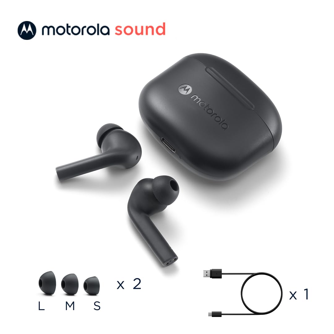 Motorola Moto Buds 065 bezprzewodowe słuchawki Bluetooth – bezprzewodowe słuchawki z Bluetooth 5.3 – wodoodporne słuchawki douszne – zasięg 15 m – słuchawki douszne do 17 godzin – czarne