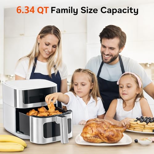 Image of Simple Deluxe 8-in-1 Air Fryer 6.34 Qt, Digital Preset Airfryer with Visible Window, Nonstick and Dishwasher-Safe Basket, Air Fry, Chicken, Pizza, Dehydrate, Fries, 90-Min Timer, 1700W, White