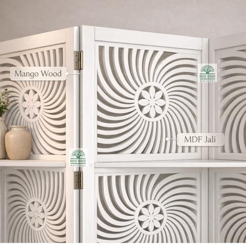 Image of Wooden Room Divider 6 Feet, 4-Panel Folding Wooden Partition for Living Room, Office, Pooja Room, Restaurant, Kitchen & Balcony (2W x 1.82H Meters). (White-Shelves)