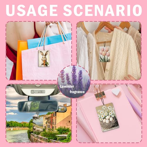 Image of Easter Bunny Egg Lamb Floral Car Air Freshener 4Pcs, Easter Gifts for Women Air Freshener for Car Interior Closet Drawer Books, Spring Tulip Daisy Flower Rabbit Car Mirror Decor Hanging