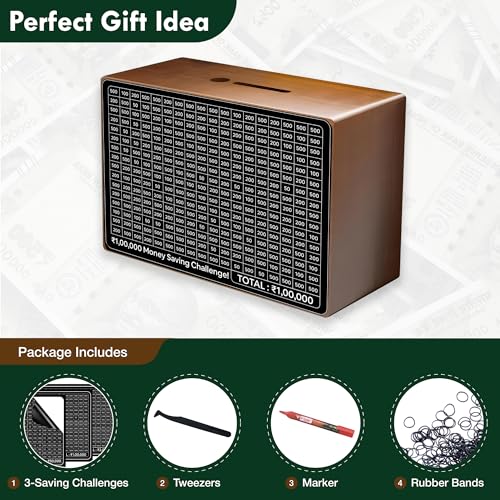 Image of Farmical Wooden Money Saving Box, Piggy Bank for Adults & Kids, Cash Savings Box for ₹50000 ₹100000 ₹200000 with Counter, Hundial Saving Challenge with Pen & Tweezers