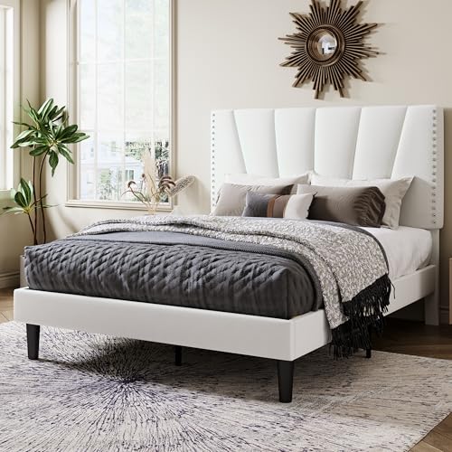 Image of Allewie Full Size Velvet Platform Bed Frame with Adjustable Headboard White | Height-Adjustable Velvet Headboard, Rivet-Style Nailhead Trim, Wooden Slat Support, No Box Spring Needed, Easy Assembly