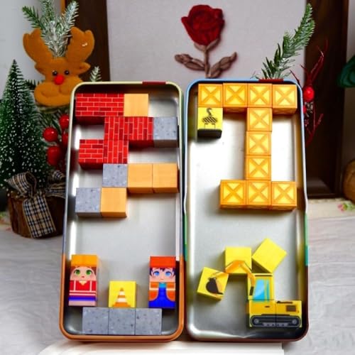 Image of HAPPY HUES Mini Magnetic Blocks Travel Set (38 Pcs) - Pixelated Construction Site Cube Magnets with Storage Tin, STEM Building Toy Figures, Screen-Free Road Trip Travel Toy for Kids Ages 3+