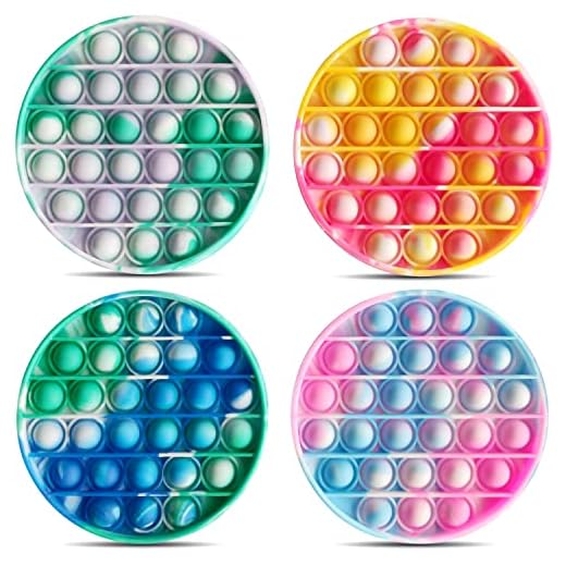BRAINYBLOX Tie Dye Push Pop Bubble Fidget Toy (4 Pack), Push It for Anxiety & Stress Relief, ADHD Autism Special Needs Learning Toys for Kids Girls Boys Teens Adults Gifts Sensory Poppers (Circle)