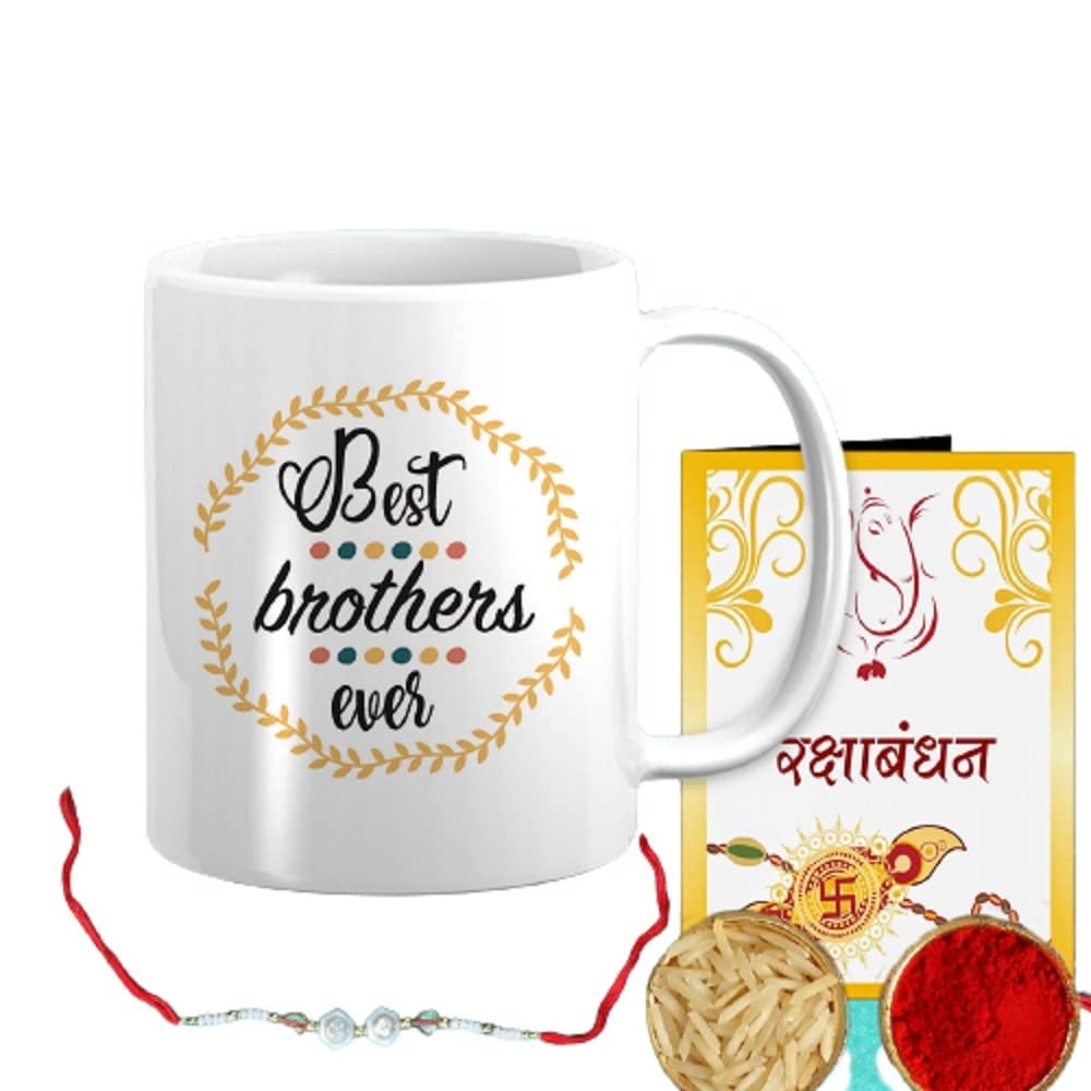 HD RAPID DESIGN Rakhi Gift Combo Pack for Brother Includes Beautiful Rakhi, Roli, Chawal, Greeting Card and Printed Coffee Mug(330 ML) Pattern -32