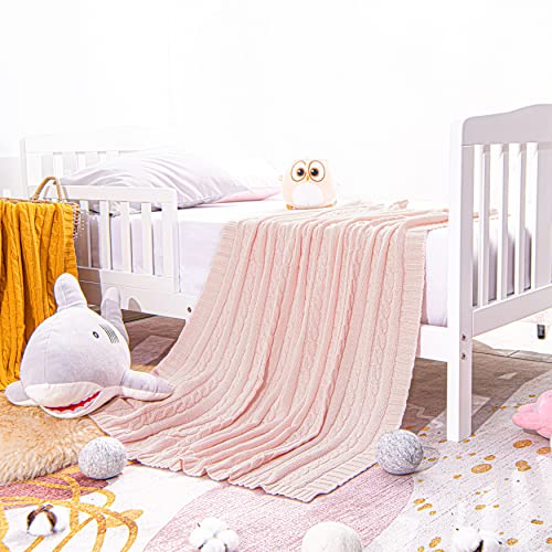 Image of NTBAY 100% Pure Cotton Cable Knit Toddler Blanket, Super Soft Warm Breathable 30x40 Baby Blanket for Crib, Stroller, Nursery, Travel, Newborn, 30x40 Inches, Baby Pink