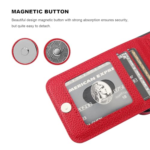 Image of KIHUWEY Compatible with iPhone 13 Case Wallet with Credit Card Holder, Premium Leather Magnetic Clasp Kickstand Heavy Duty Protective Cover for iPhone 13 6.1 inch (Lichee Red)
